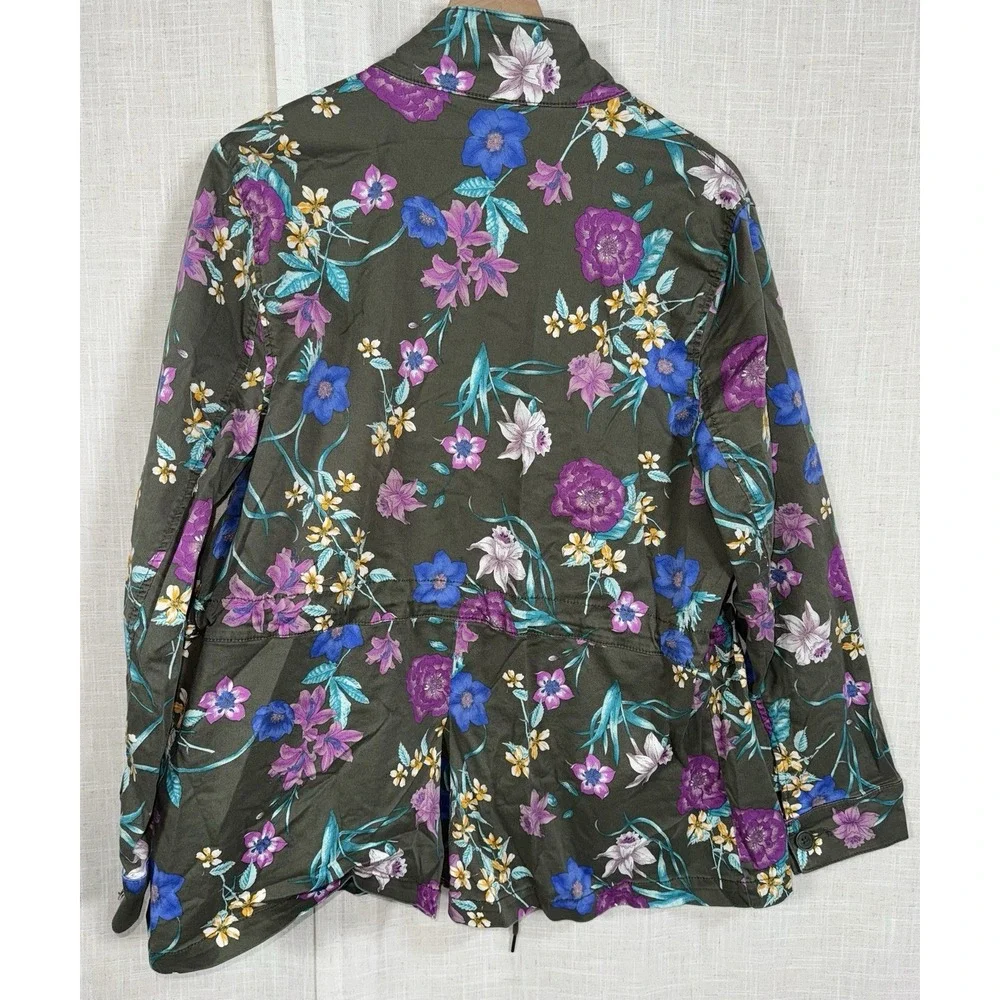 Lane Bryant Woman's 18 20 Denim Jacket Floral Green Utility Zip‎ Coat Pockets - Picture 2 of 5